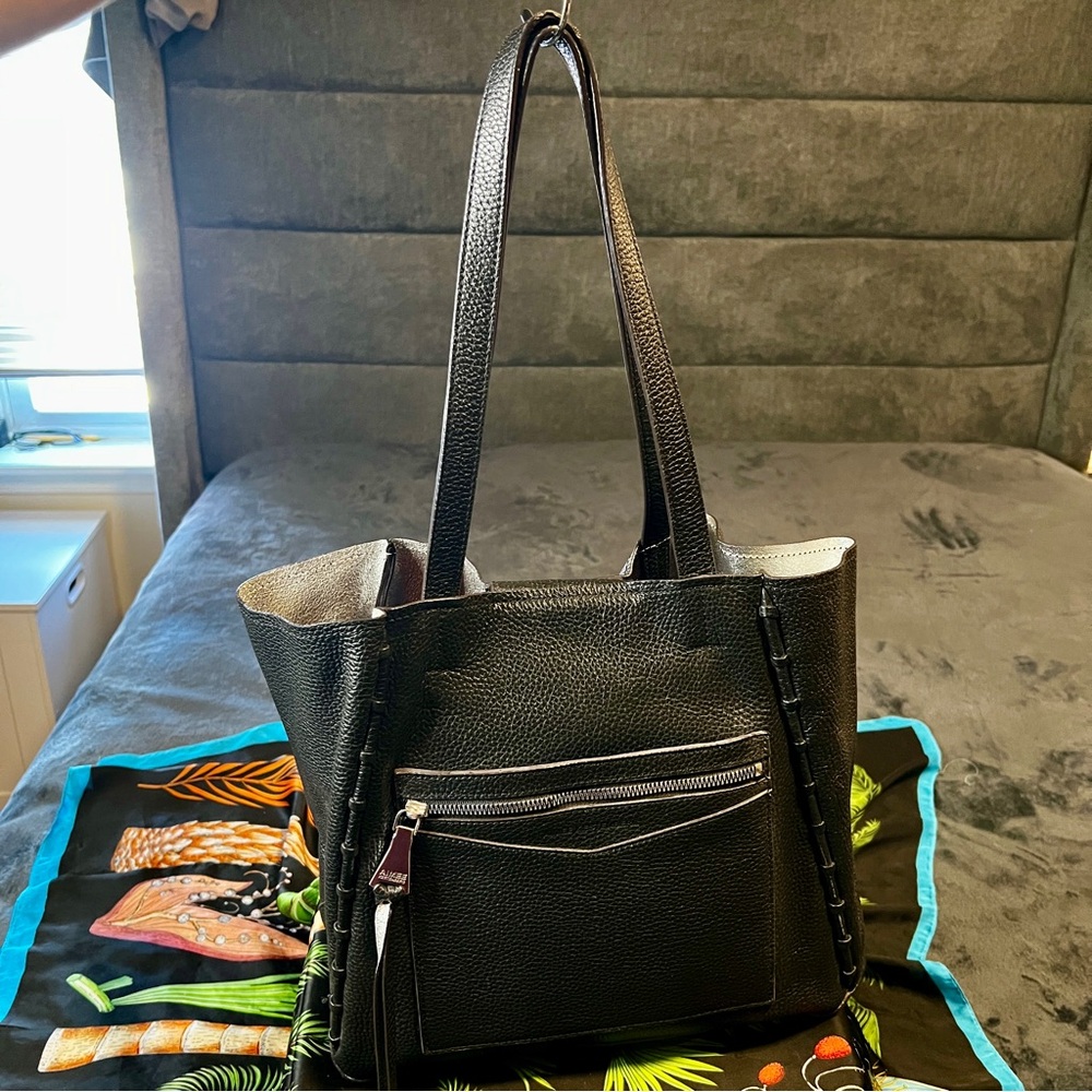 Aimee Kestenberg Grained Leather Delara Tote Handbag Magnetic Casual‎ Work Black